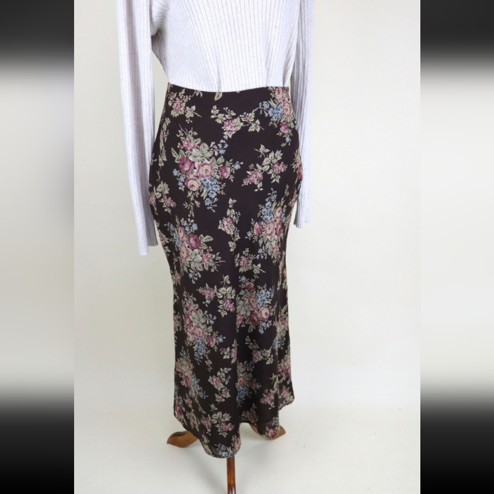 90s Vintage Ralph Lauren Brown Floral Chiffon Autumnal Skirt - Picture 4 of 8